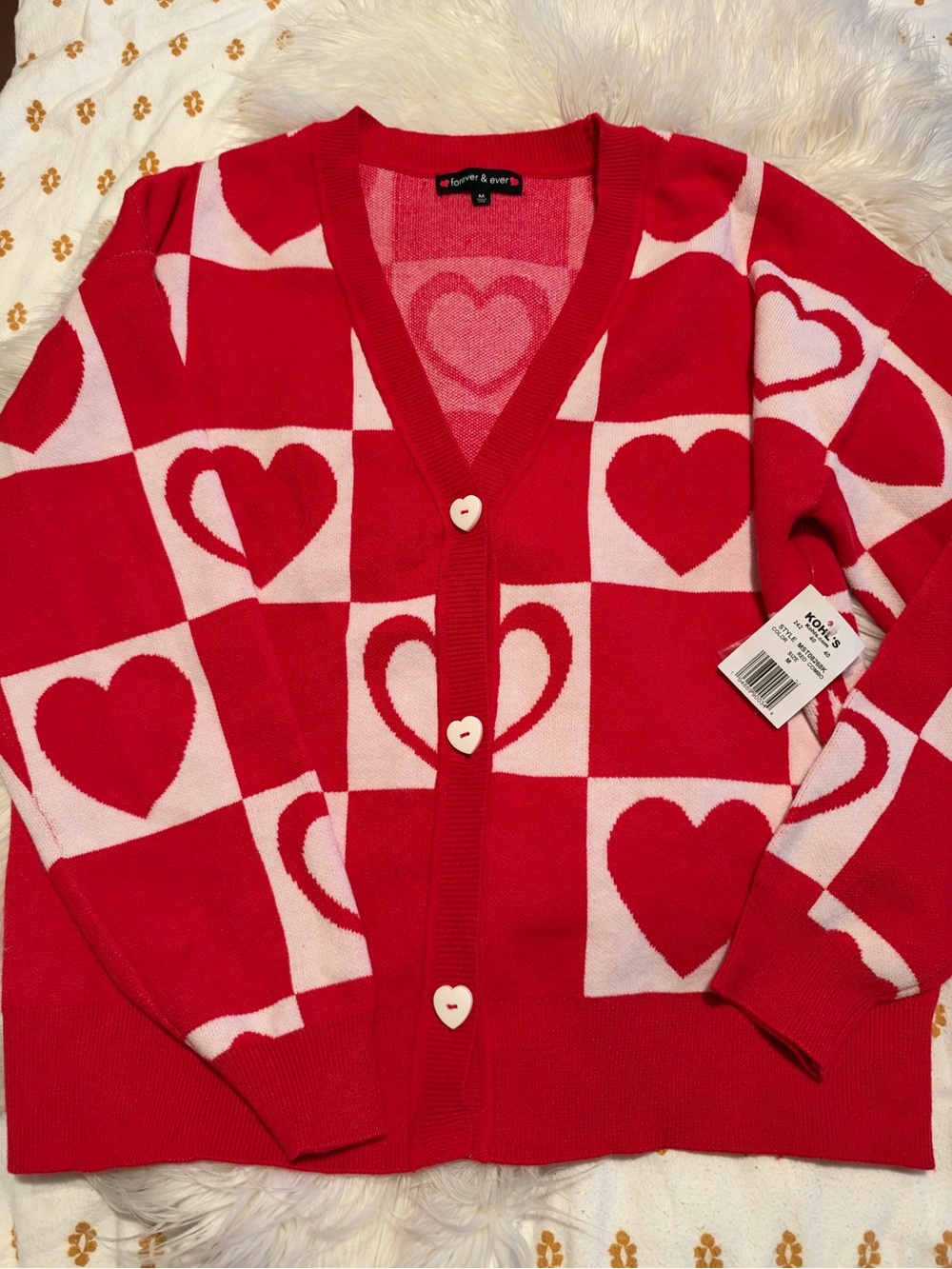 Forever & Ever Red Heart-Print V-Neck Cardigan Sweater